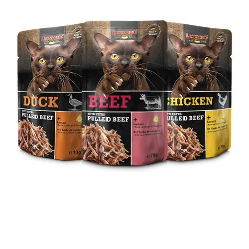 LEONARDO Pulled Beef caja completa: comida húmeda premium para gatos adultos