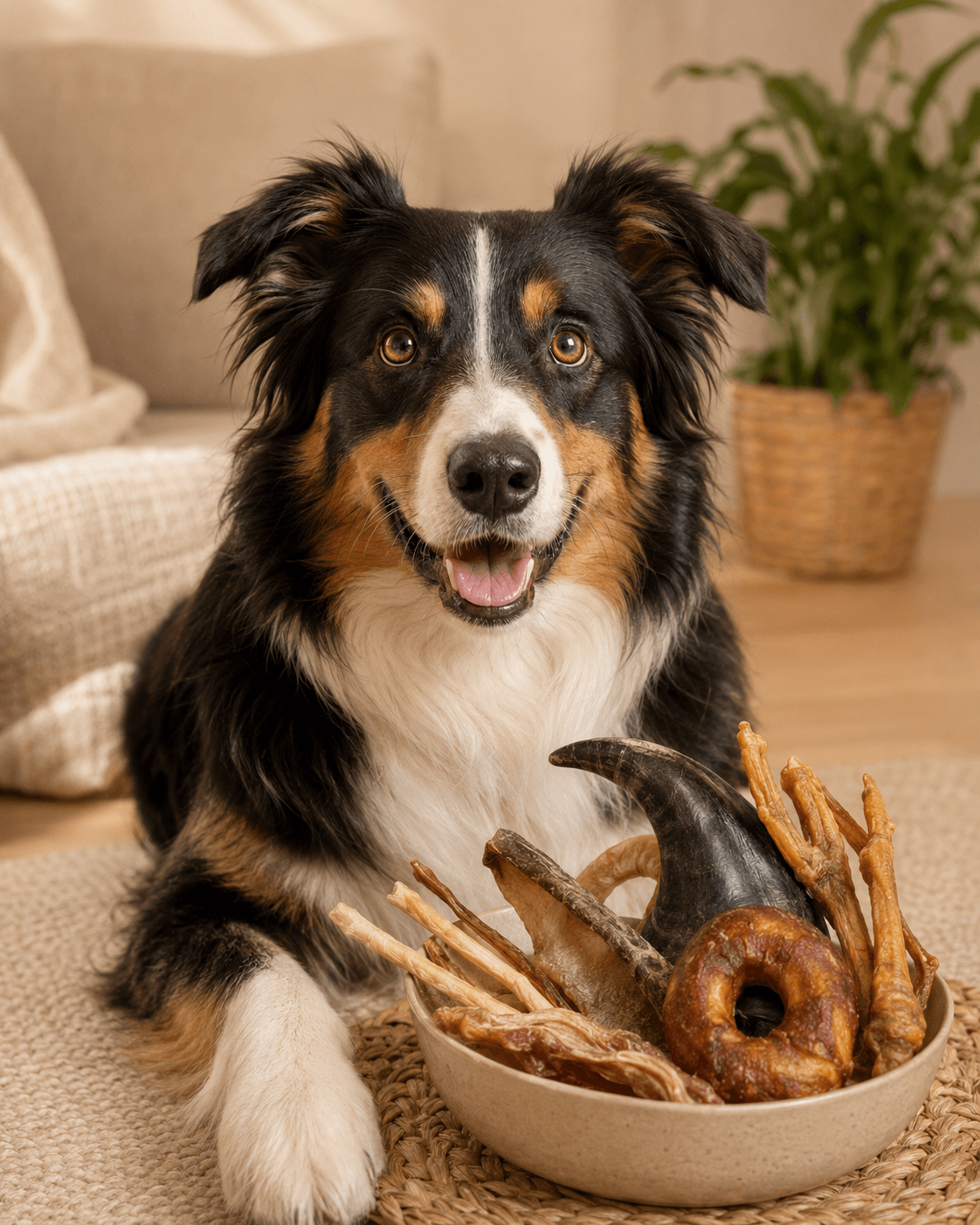 Perro junto a snacks funcionales y productos de bienestar