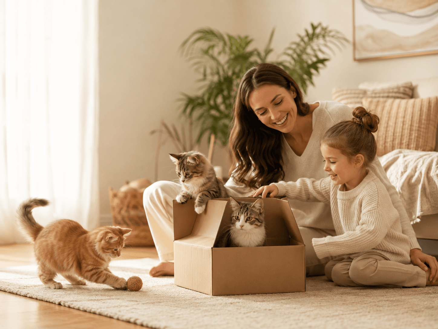 Madre y niña jugando con varios gatos en una caja de cartón