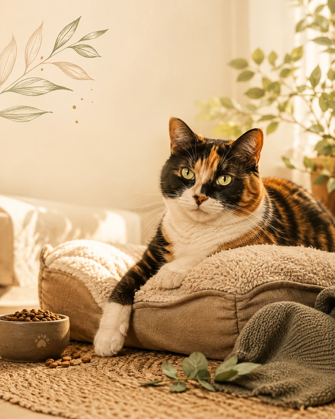 Gato calicó en un rincón acogedor del hogar