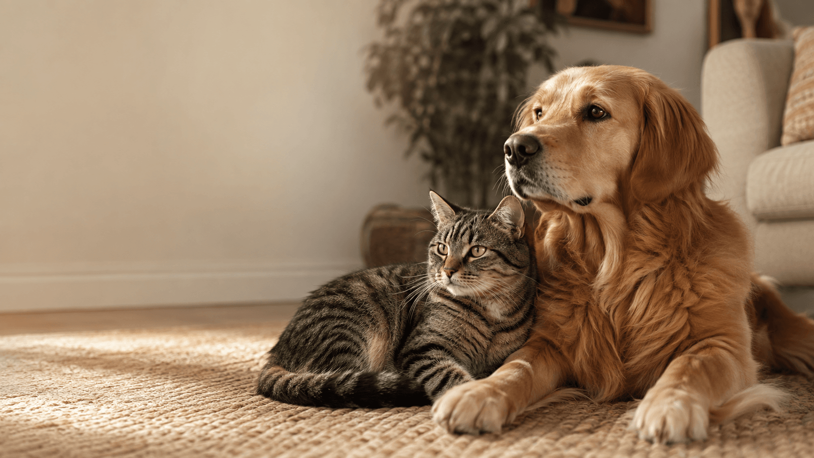 Perro y gato descansando juntos en un hogar cálido