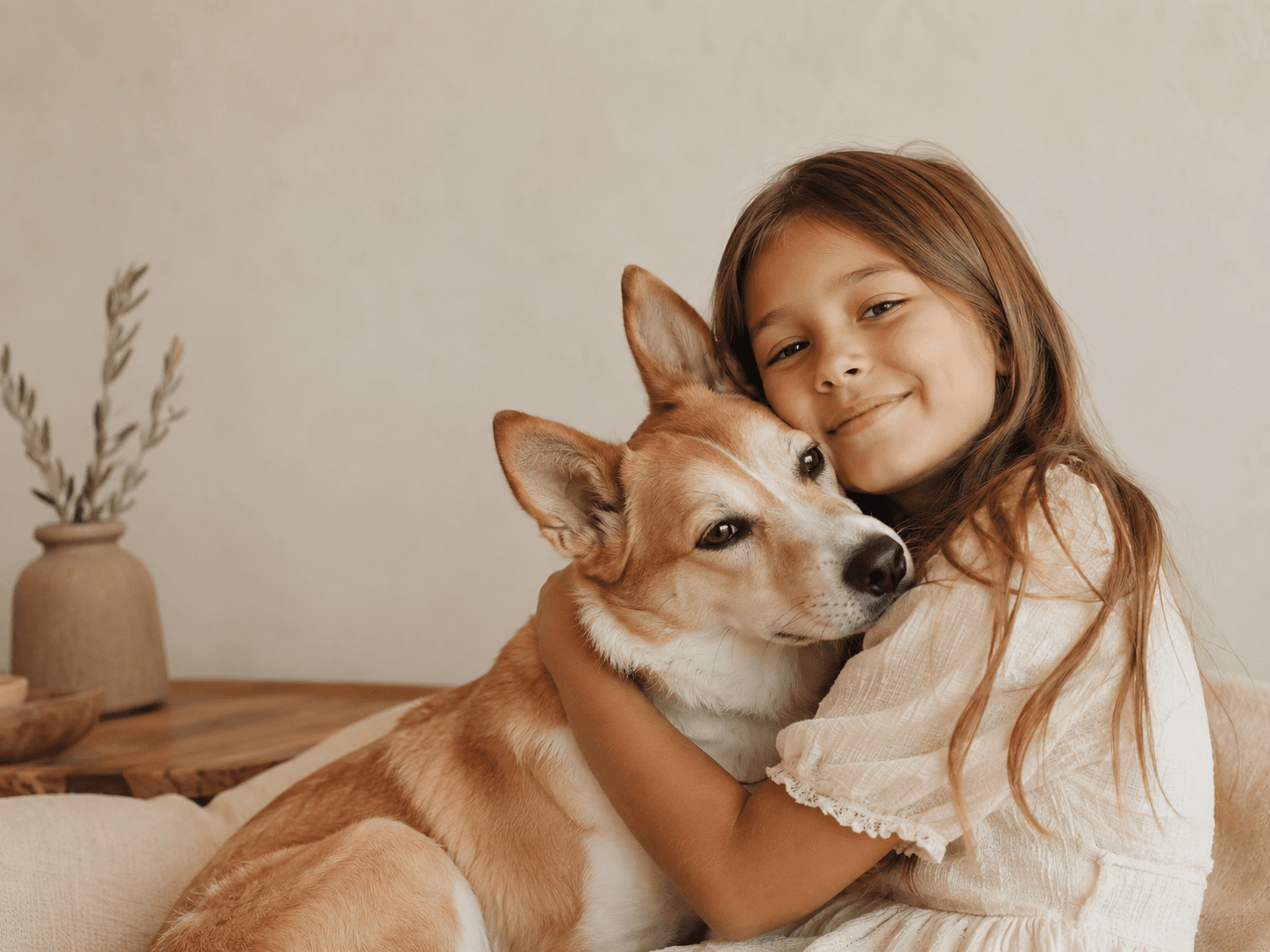 Niña abrazando a su perro en una escena cálida y familiar