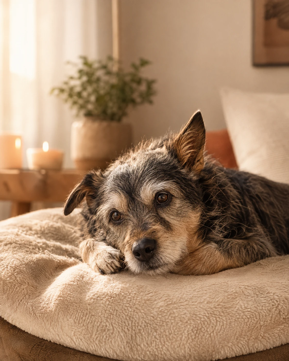 Perro descansando en casa en un ambiente cálido y natural