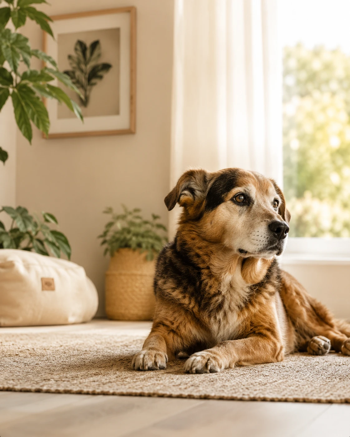 Perro senior descansando en casa en un entorno cálido y acogedor