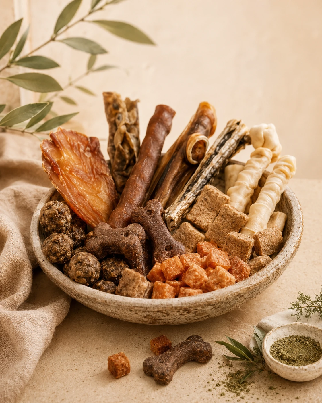 Cuenco rústico con snacks naturales para perros