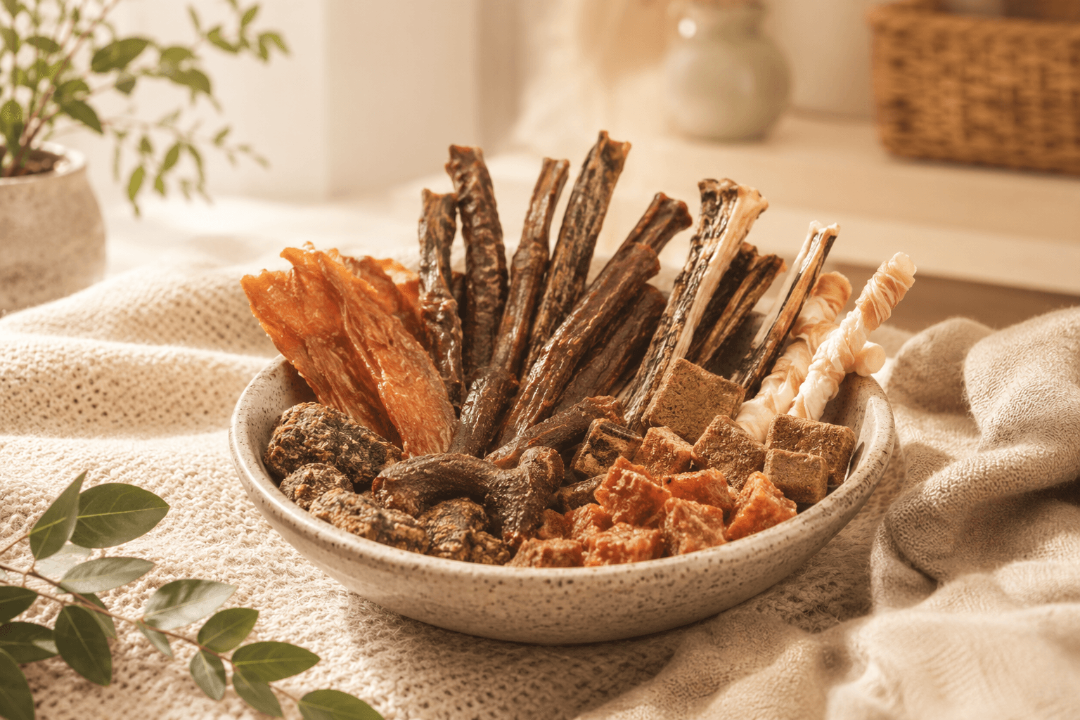 Cuenco con snacks naturales para perros