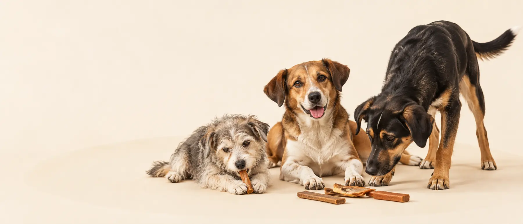 Tres perros mestizos de diferentes tamaños